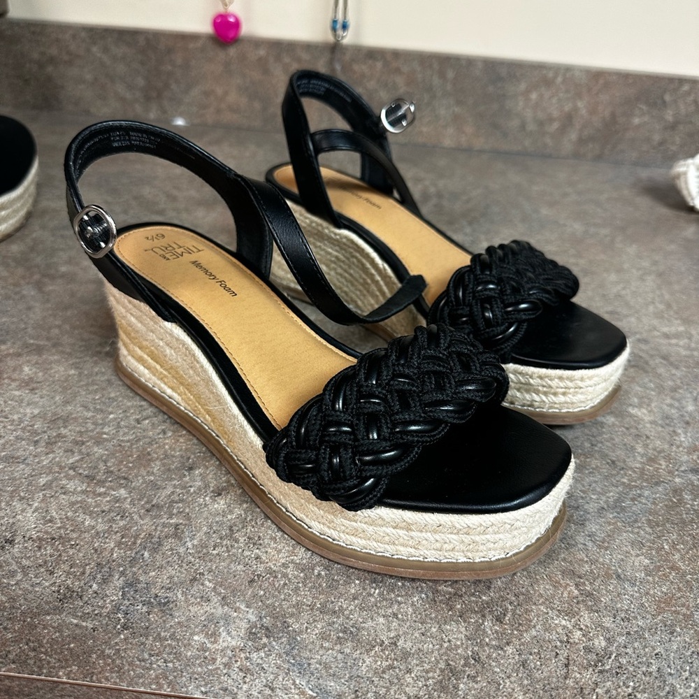 Time and Tru Black Braided Wedge Sandals
